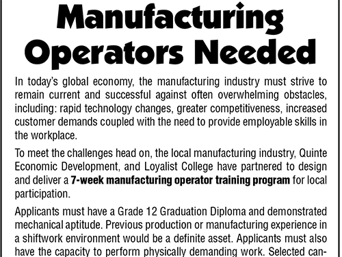 Manufacturing Operators Needed – Trenton – December 2003