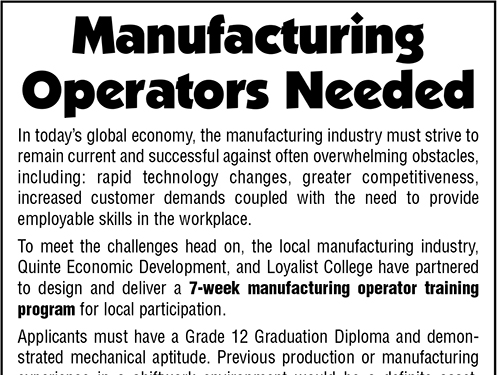 Manufacturing Operators Needed – Trenton – August 2003