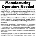 Manufacturing Operators Needed – Trenton – August 2003