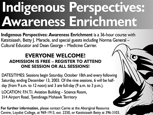 Native Awareness Course Napanee and Picton Ad October 2003