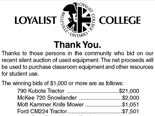 Wine Auction Thank You Picton and Napanee Ad April 2003