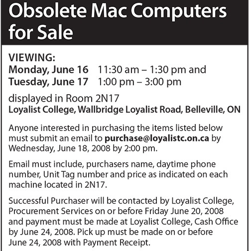 Obsolete Mac Computers for Sale – Picton & Napanee – October 2008